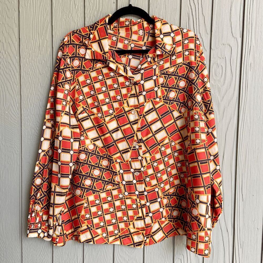 VTG 70s Graphic Print Women's Disco Button-Down Blouse - Best Fits L-XXL